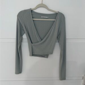 Abercrombie & Fitch Ribbed Wrap Crop Top - Blue Gray